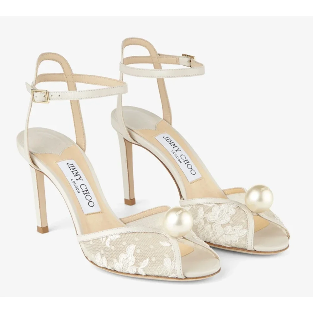 Jimmy Choo Sacora 85 Ivory White Lace Pearl Bridal Wedding Sandal Heel Pump 36.5 - Picture 1 of 16